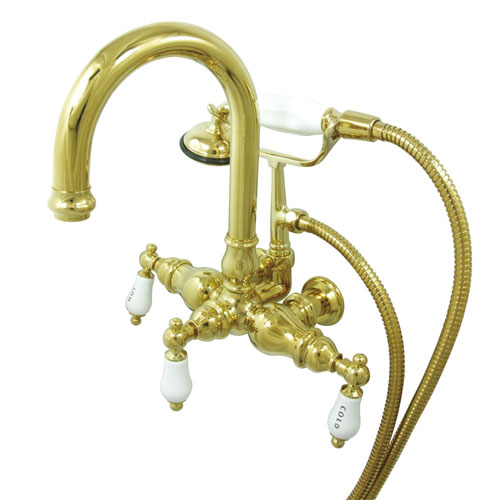 Kingston Polished Brass Wall Mount Clawfoot Tub Faucet w hand shower CC3015T2