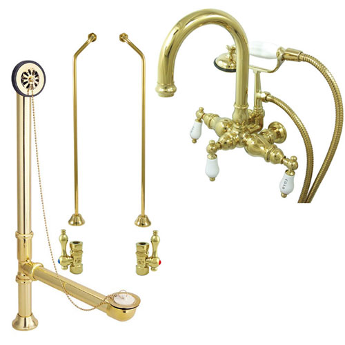 Polished Brass Wall Mount Clawfoot Tub Faucet Package w Drain Supplies Stops CC3015T2system