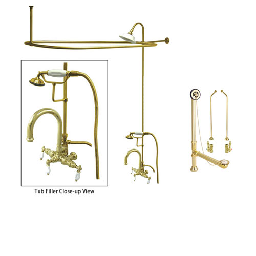 Polished Brass Clawfoot Tub Shower Faucet Kit with Enclosure Curtain Rod 3015T2CTS