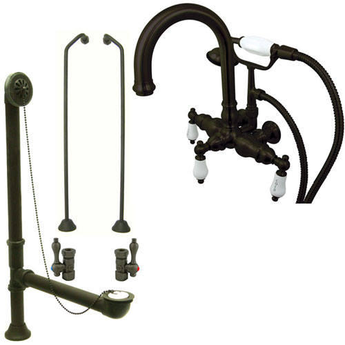 Oil Rubbed Bronze Wall Mount Clawfoot Tub Faucet Package w Drain Supplies Stops CC3015T5system