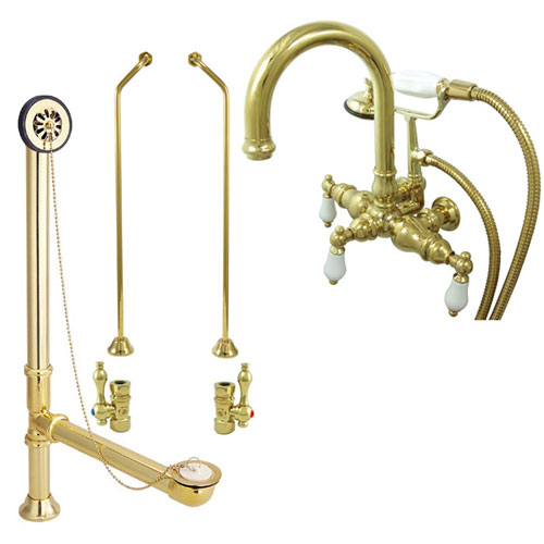 Polished Brass Wall Mount Clawfoot Tub Faucet w hand shower Drain Supplies Stops CC3017T2system