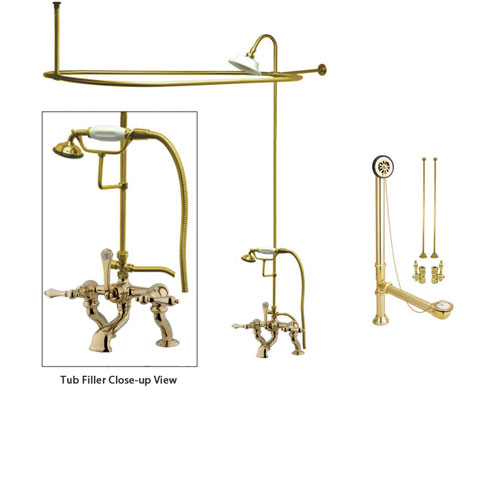 Polished Brass Clawfoot Tub Faucet Shower Kit with Enclosure Curtain Rod 409T2CTS