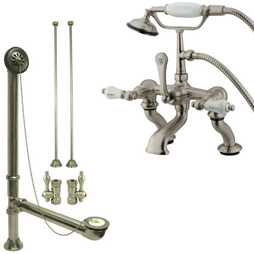 Satin Nickel Deck Mount Clawfoot Tub Faucet w hand shower w Drain Supplies Stops CC413T8system