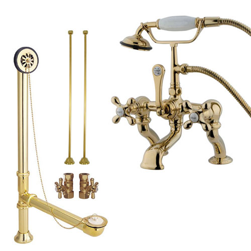 Polished Brass Deck Mount Clawfoot Tub Faucet Package w Drain Supplies Stops CC415T2system