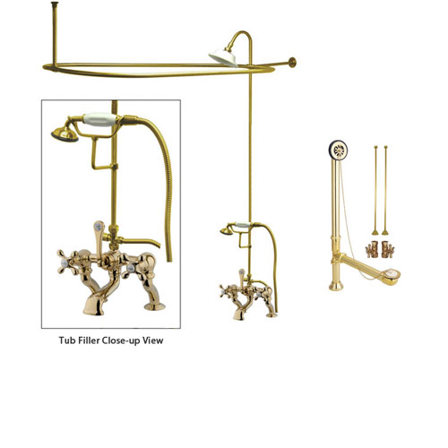 Polished Brass Clawfoot Tub Faucet Shower Kit with Enclosure Curtain Rod 415T2CTS