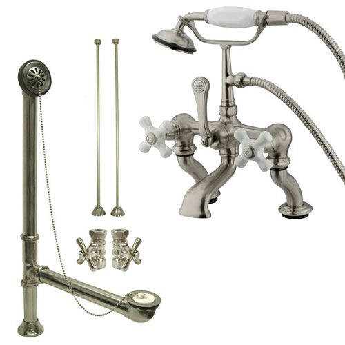 Satin Nickel Deck Mount Clawfoot Tub Faucet w hand shower w Drain Supplies Stops CC417T8system