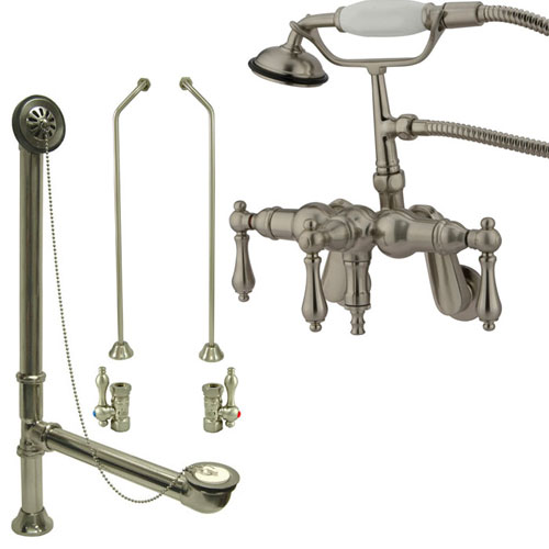 Satin Nickel Wall Mount Clawfoot Tub Faucet w hand shower w Drain Supplies Stops CC419T8system