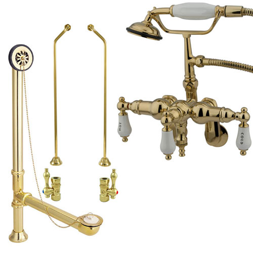 Polished Brass Wall Mount Clawfoot Tub Faucet w hand shower System Package CC423T2system