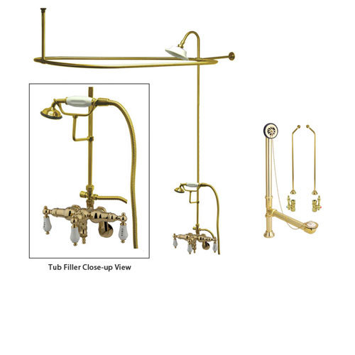Polished Brass Clawfoot Bath Tub Faucet Shower Kit with Enclosure Curtain Rod 423T2CTS