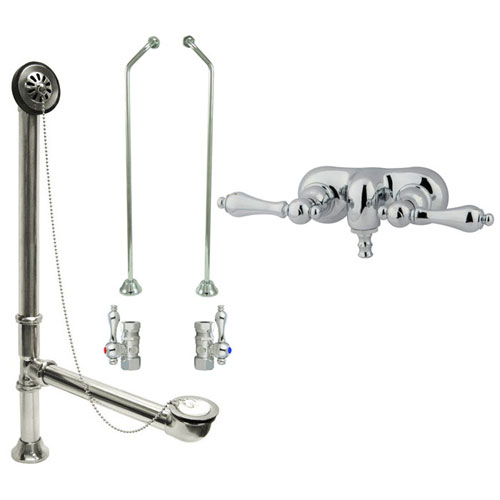 Chrome Wall Mount Clawfoot Tub Filler Faucet Package Supply Lines & Drain CC42T1system