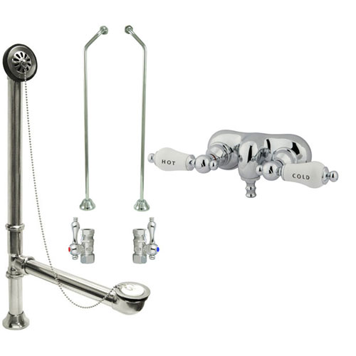Chrome Wall Mount Clawfoot Tub Faucet Package w Drain Supplies Stops CC44T1system