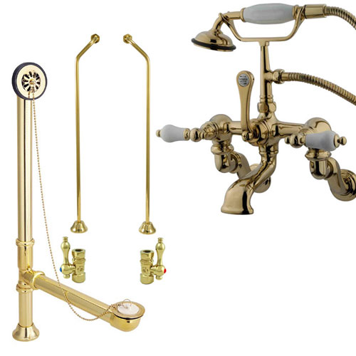 Polished Brass Wall Mount Clawfoot Tub Faucet Package w Drain Supplies Stops CC459T2system