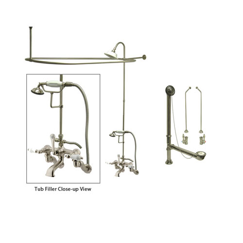Satin Nickel Clawfoot Tub Faucet Shower Kit with Enclosure Curtain Rod 459T8CTS