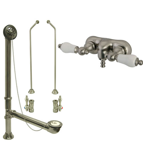Satin Nickel Wall Mount Clawfoot Tub Faucet Package w Drain Supplies Stops CC45T8system
