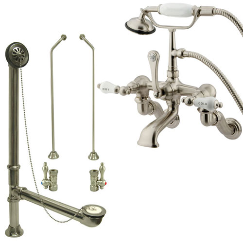 Satin Nickel Wall Mount Clawfoot Tub Faucet w hand shower w Drain Supplies Stops CC461T8system