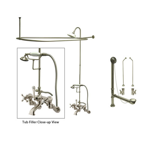 Satin Nickel Clawfoot Tub Faucet Shower Kit with Enclosure Curtain Rod 463T8CTS