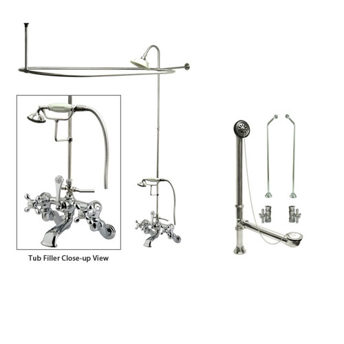 Chrome Clawfoot Tub Faucet Shower Kit with Enclosure Curtain Rod 464T1CTS