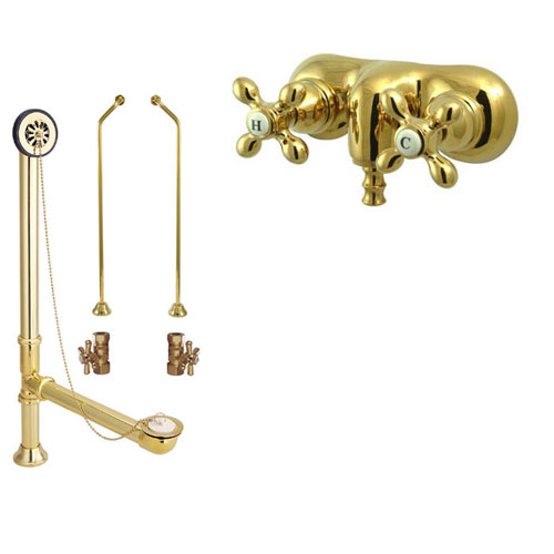 Polished Brass Wall Mount Clawfoot Tub Faucet Package w Drain Supplies Stops CC47T2system
