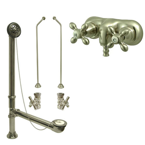 Satin Nickel Wall Mount Clawfoot Tub Faucet Package w Drain Supplies Stops CC47T8system