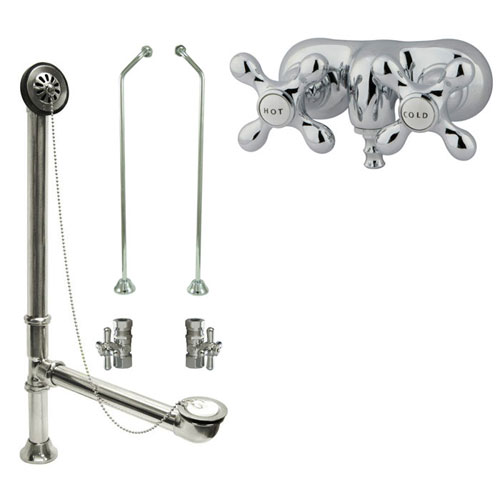 Chrome Wall Mount Clawfoot Tub Filler Faucet Package Supply Lines & Drain CC48T1system