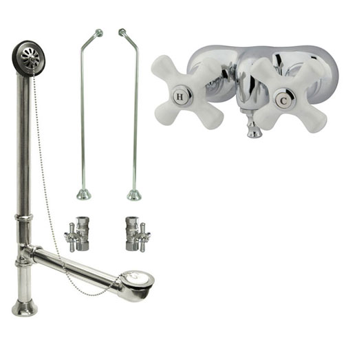 Chrome Wall Mount Clawfoot Tub Filler Faucet Package Supply Lines & Drain CC50T1system