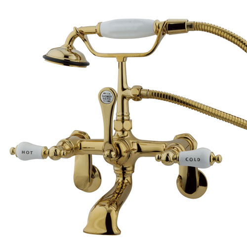 Kingston Polished Brass Wall Mount Clawfoot Tub Faucet w Hand Shower CC53T2