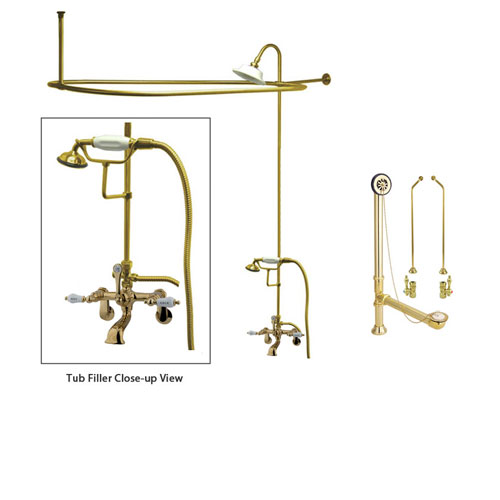 Polished Brass Clawfoot Tub Faucet Shower Kit with Enclosure Curtain Rod 53T2CTS