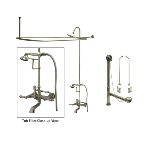 Satin Nickel Clawfoot Tub Faucet Shower Kit with Enclosure Curtain Rod 551T8CTS