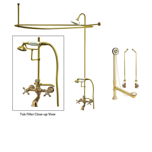 Polished Brass Clawfoot Tub Faucet Shower Kit with Enclosure Curtain Rod 557T2CTS
