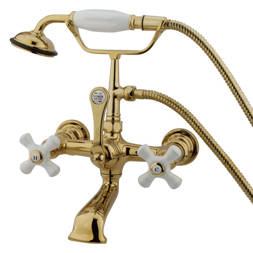 Kingston Polished Brass Wall Mount Clawfoot Tub Faucet w Hand Shower CC559T2