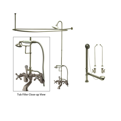 Satin Nickel Clawfoot Tub Faucet Shower Kit with Enclosure Curtain Rod 57T8CTS