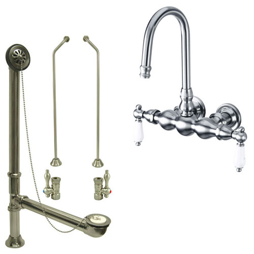 Satin Nickel Wall Mount Clawfoot Bathtub Faucet Package Supply Lines & Drain CC5T8system