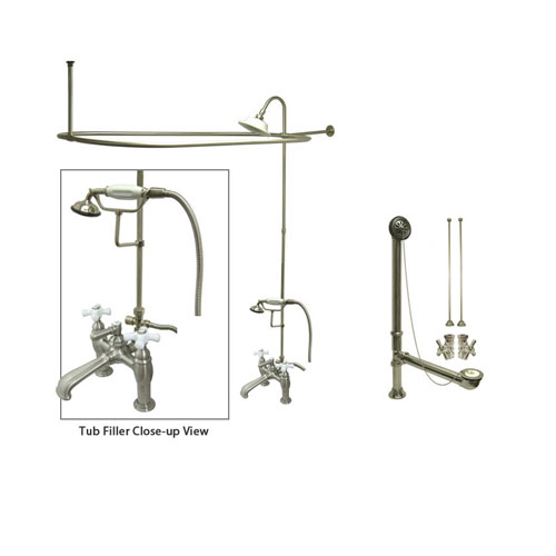 Satin Nickel Clawfoot Bath Tub Shower Faucet Kit with Enclosure Curtain Rod 611T8CTS
