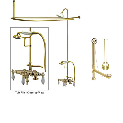 Polished Brass Clawfoot Tub Faucet Shower Kit with Enclosure Curtain Rod 621T2CTS