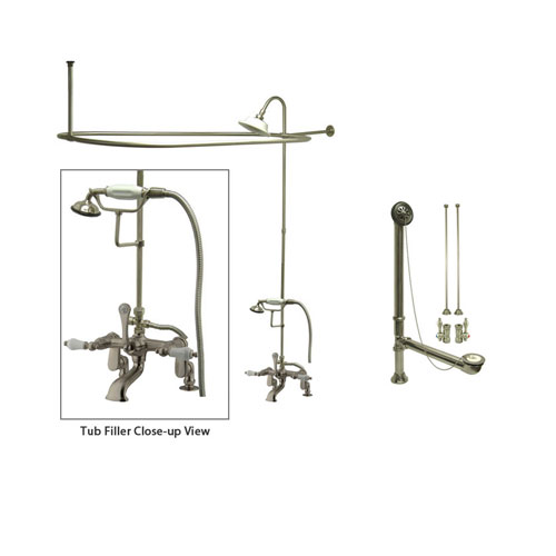 Satin Nickel Clawfoot Tub Faucet Shower Kit with Enclosure Curtain Rod 655T8CTS