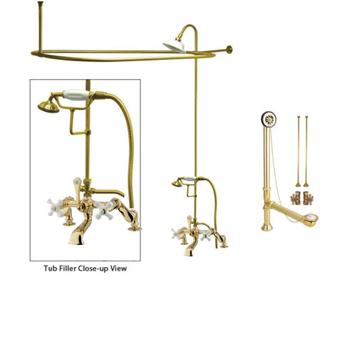 Polished Brass Clawfoot Bathtub Faucet Shower Kit with Enclosure Curtain Rod 659T2CTS
