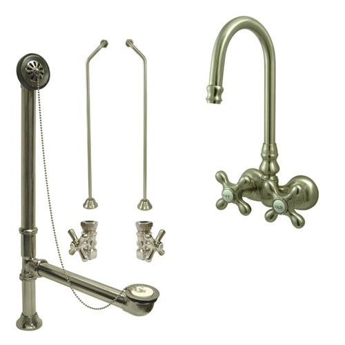 Satin Nickel Wall Mount Clawfoot Bathtub Faucet Package Supply Lines & Drain CC77T8system