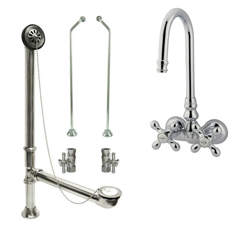 Chrome Wall Mount Clawfoot Bathtub Faucet Package Supply Lines & Drain CC78T1system