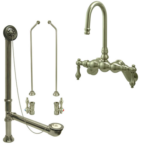 Satin Nickel Wall Mount Clawfoot Bathtub Faucet Package Supply Lines & Drain CC81T8system