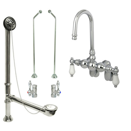 Chrome Wall Mount Clawfoot Bathtub Faucet Package Supply Lines & Drain CC84T1system