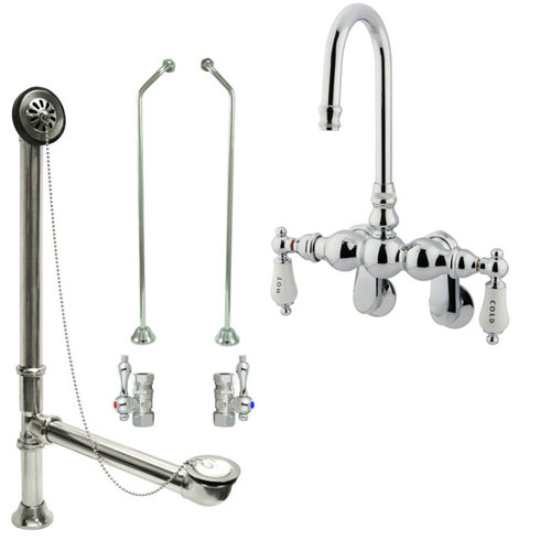 Chrome Wall Mount Clawfoot Bathtub Faucet Package Supply Lines & Drain CC86T1system