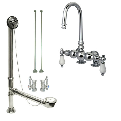 Chrome Deck Mount Clawfoot Bathtub Faucet Package Supply Lines & Drain CC94T1system