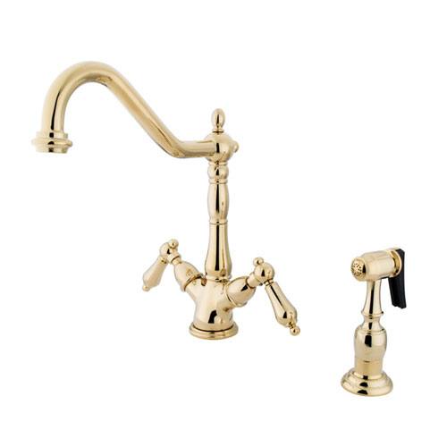 Kingston Polished Brass 2 Handle Single Hole Kitchen Faucet w Spray KS1232ALBS