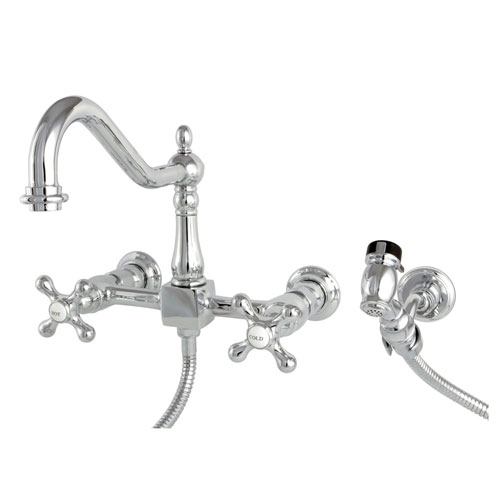 Metal Cross Handle Chrome Wall Mount Kitchen Faucet with Brass Spray KS1241AXBS