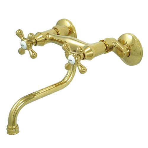 Kingston Metal Cross Handle Polished Brass Wall Mount Kitchen Faucet KS216PB