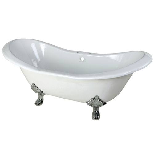 Qty (1): 72-inch Large Cast Iron White Double Slipper Clawfoot Bathtub with Chrome Feet