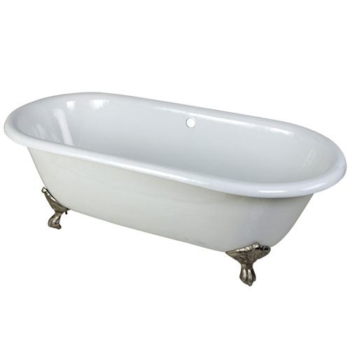 Qty (1): 66-inch Large Cast Iron Double Ended White Claw Foot Bath Tub with Satin Nickel Feet