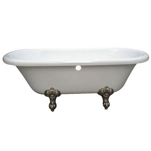 Qty (1): 67-inch Double Ended White Acrylic Clawfoot Tub with Satin Nickel Lion Feet