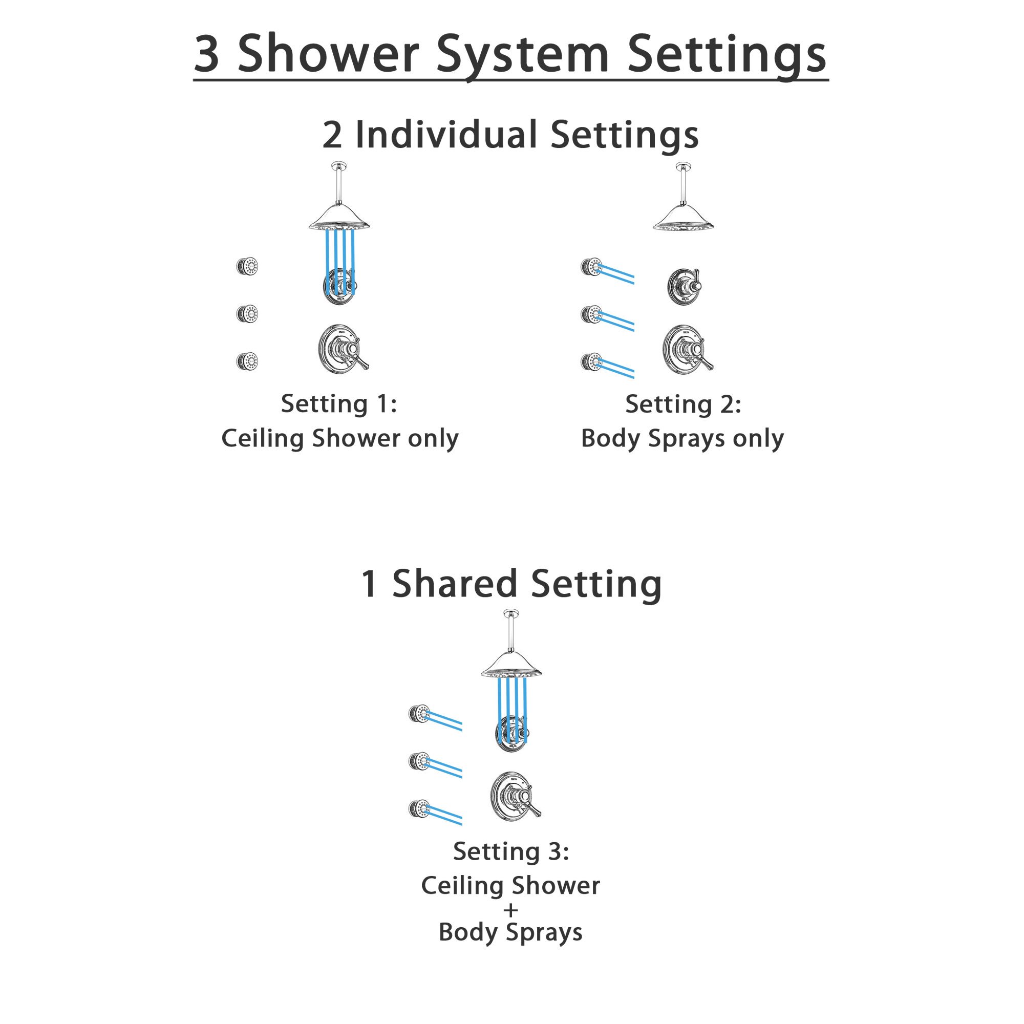 Delta Cassidy Chrome Finish Shower System with Dual Control Handle, 3-Setting Diverter, Ceiling Mount Showerhead, and 3 Body Sprays SS17975 Line Drawing