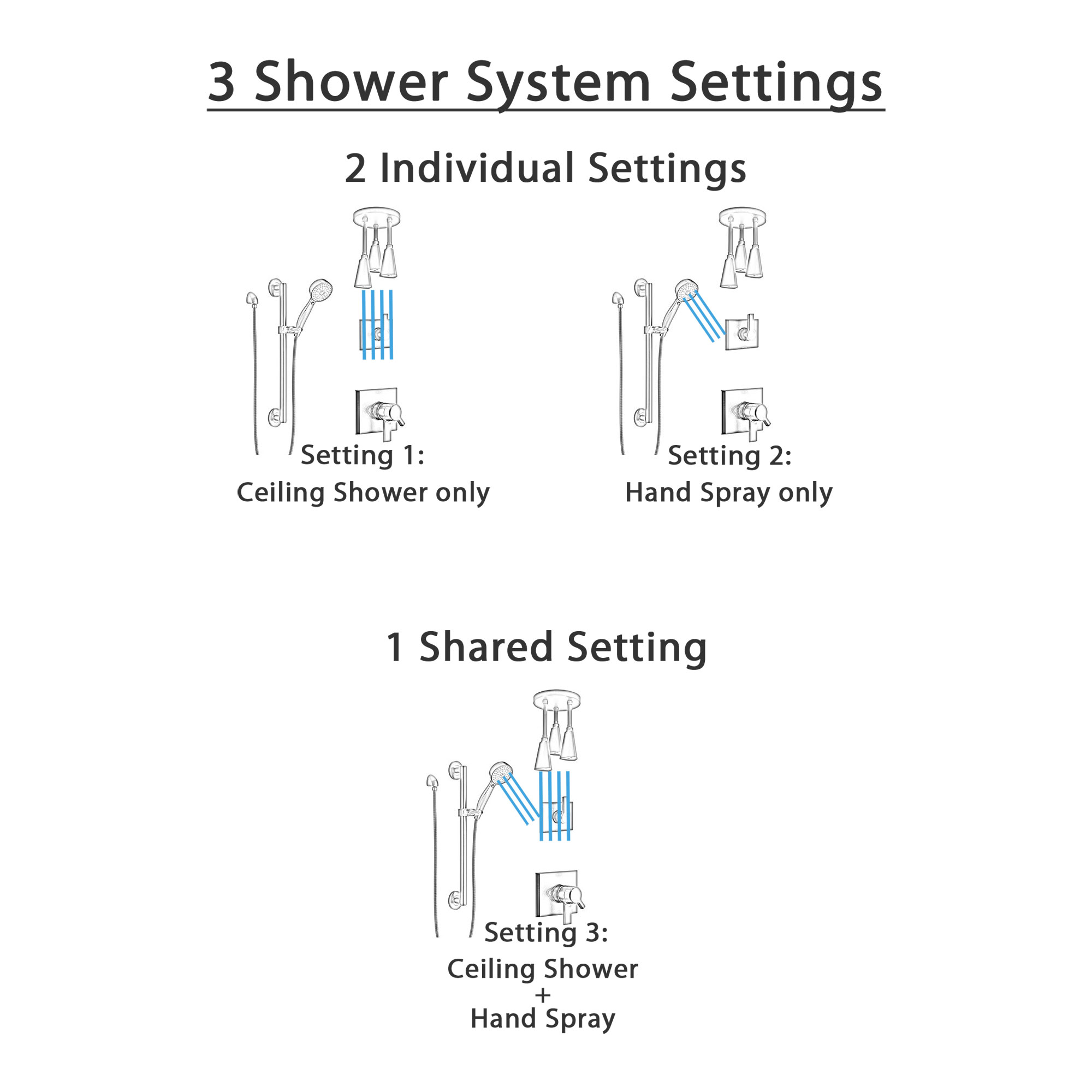 Delta Pivotal Matte Black Finish Dual Control Shower System with Triple Pendant Ceiling Mount Showerhead and Hand Sprayer with Grab Bar SS17993BL10